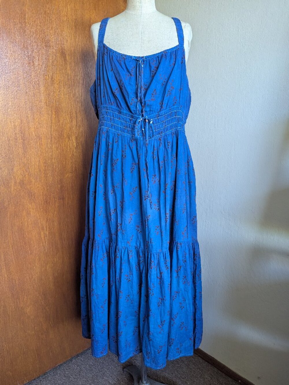 Christy Dawn Blue Midi Dress Floral Sleeveless Smocked Tiered Ties Size 2X XXL